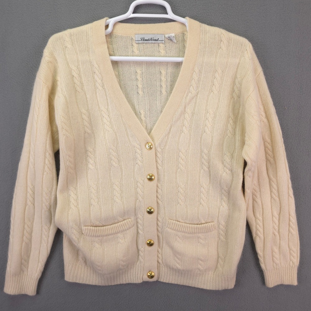 Vintage Cardigan Sweater Cable Knit Cream Ivory Medium Lambswool Angora